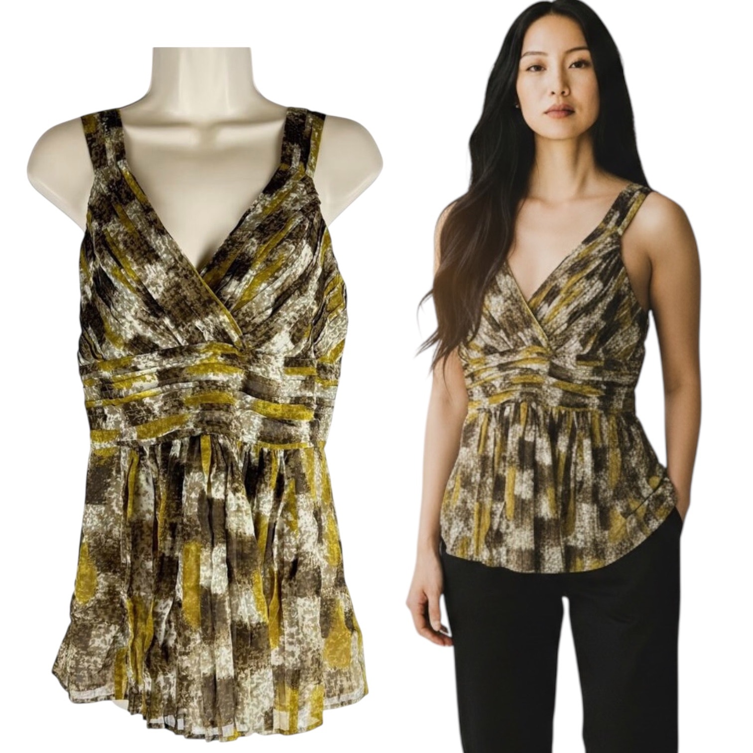 New Burberry Silk Pleated Tank Top Blouse V-Neck Dark Mustard Size 10